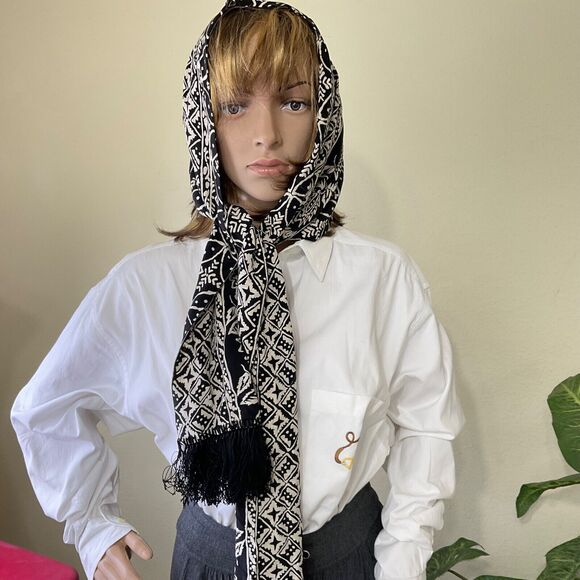 100 % SILK Mitra SCARF Women's 10”x 66” black /cream Rectangle Boho artsy print - Picture 3 of 9